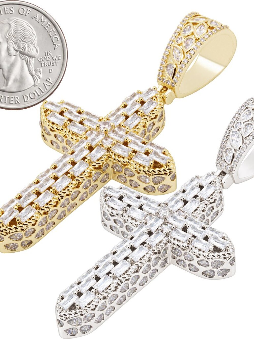 14k Yellow/White Gold Plated AAA Cubic Zirconia Mixed-Cut Cluster Cross Pendant